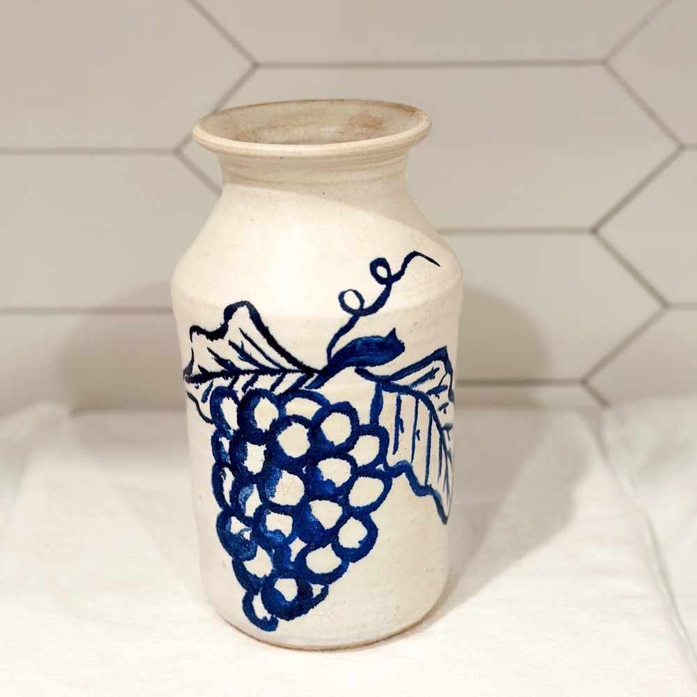 Vintage stoneware jug handmade and signed. Grape design.